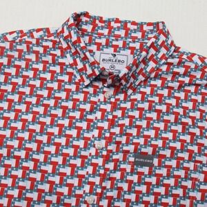 Burlebo Shirt Mens M Red Blue Texas Flag Print Stretch Short Sleeve Button Up
